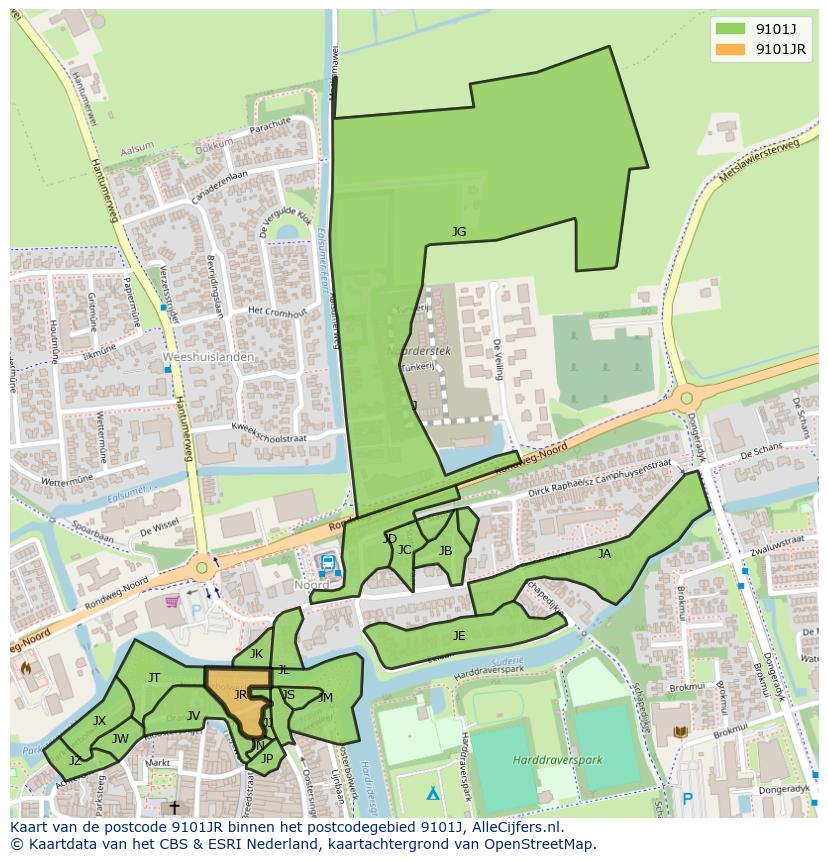 Afbeelding van het postcodegebied 9101 JR op de kaart.