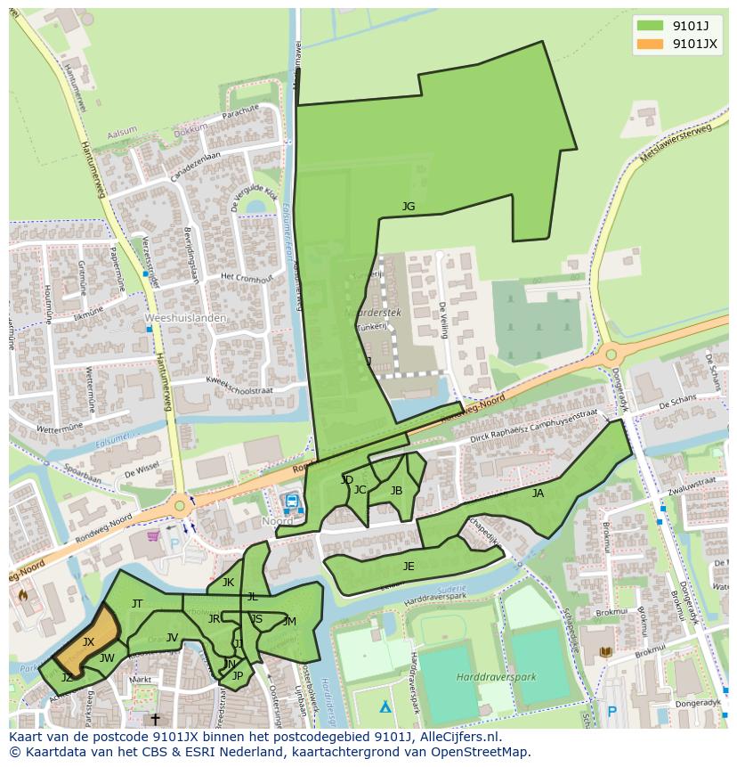 Afbeelding van het postcodegebied 9101 JX op de kaart.