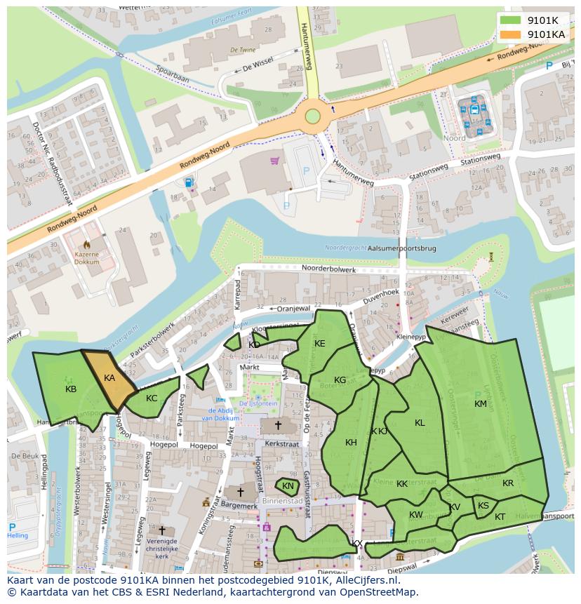 Afbeelding van het postcodegebied 9101 KA op de kaart.