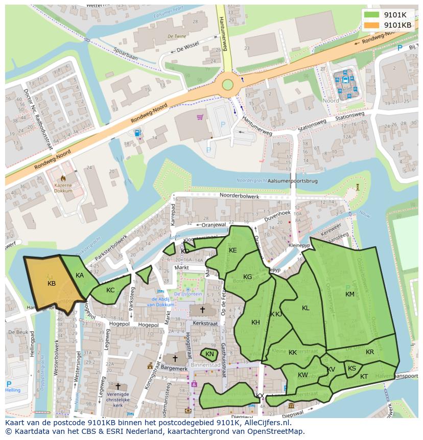 Afbeelding van het postcodegebied 9101 KB op de kaart.
