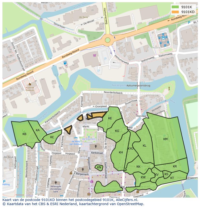 Afbeelding van het postcodegebied 9101 KD op de kaart.