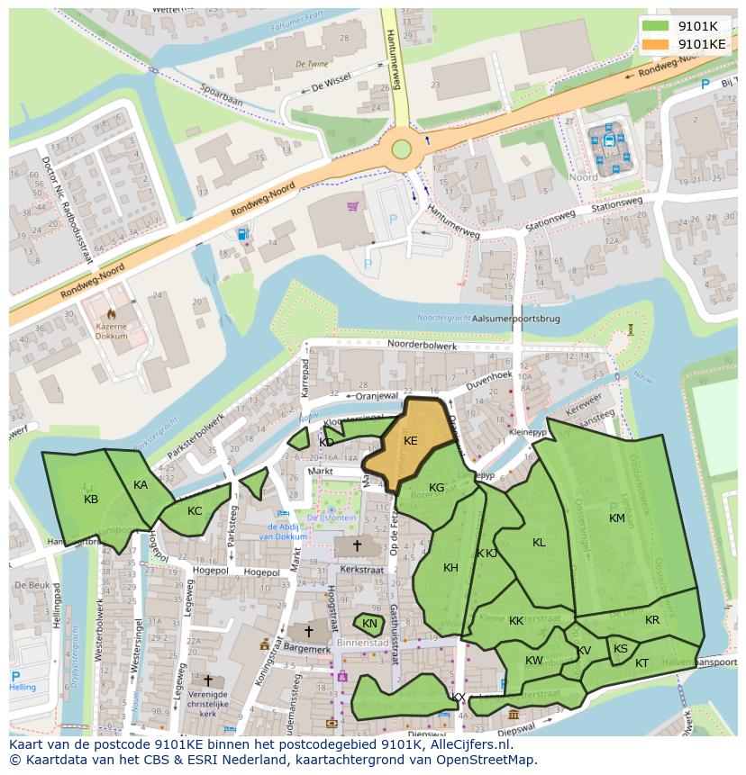 Afbeelding van het postcodegebied 9101 KE op de kaart.
