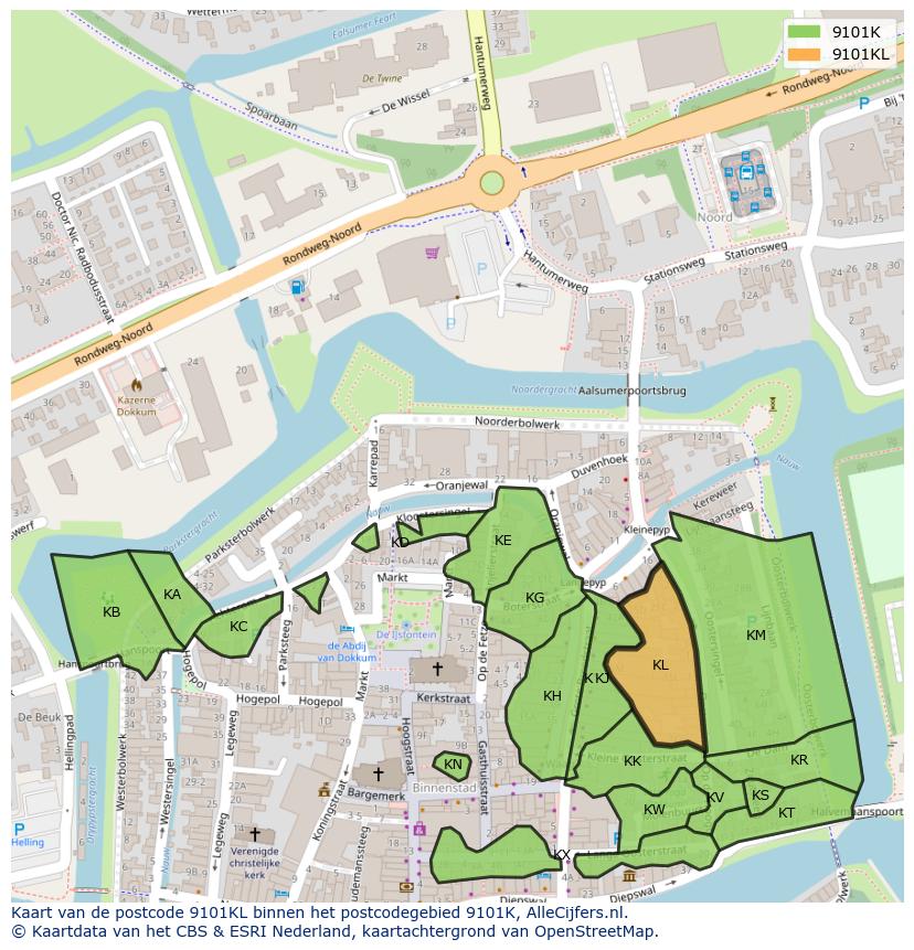 Afbeelding van het postcodegebied 9101 KL op de kaart.