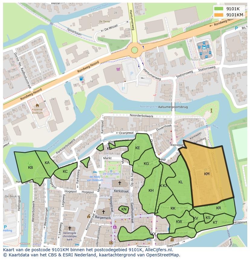 Afbeelding van het postcodegebied 9101 KM op de kaart.