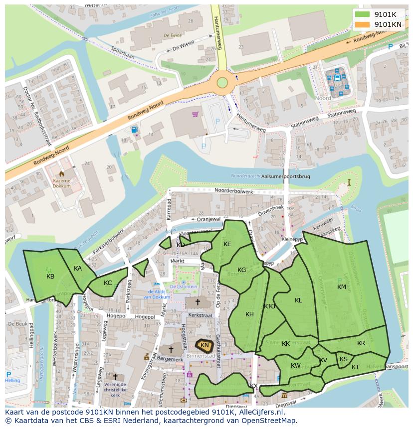 Afbeelding van het postcodegebied 9101 KN op de kaart.