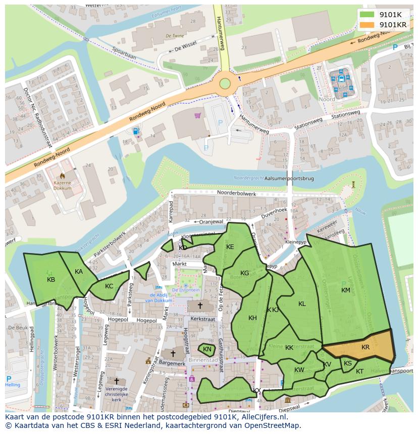 Afbeelding van het postcodegebied 9101 KR op de kaart.