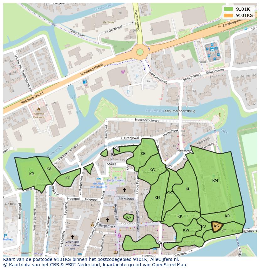 Afbeelding van het postcodegebied 9101 KS op de kaart.