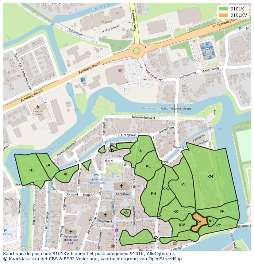 Afbeelding van het postcodegebied 9101 KV op de kaart.