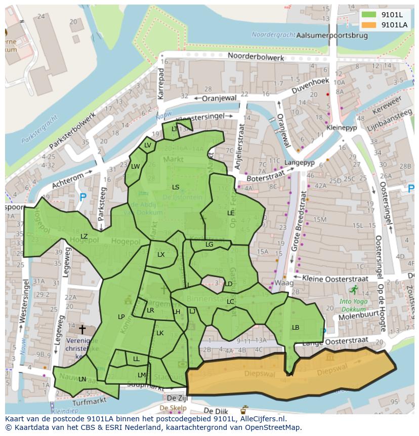 Afbeelding van het postcodegebied 9101 LA op de kaart.