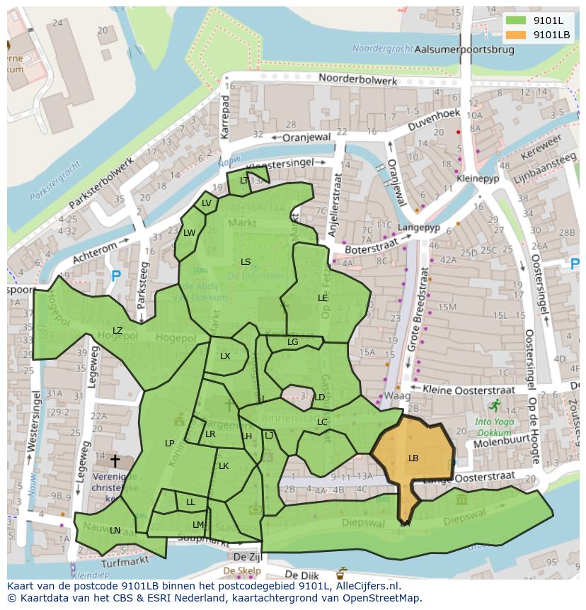Afbeelding van het postcodegebied 9101 LB op de kaart.