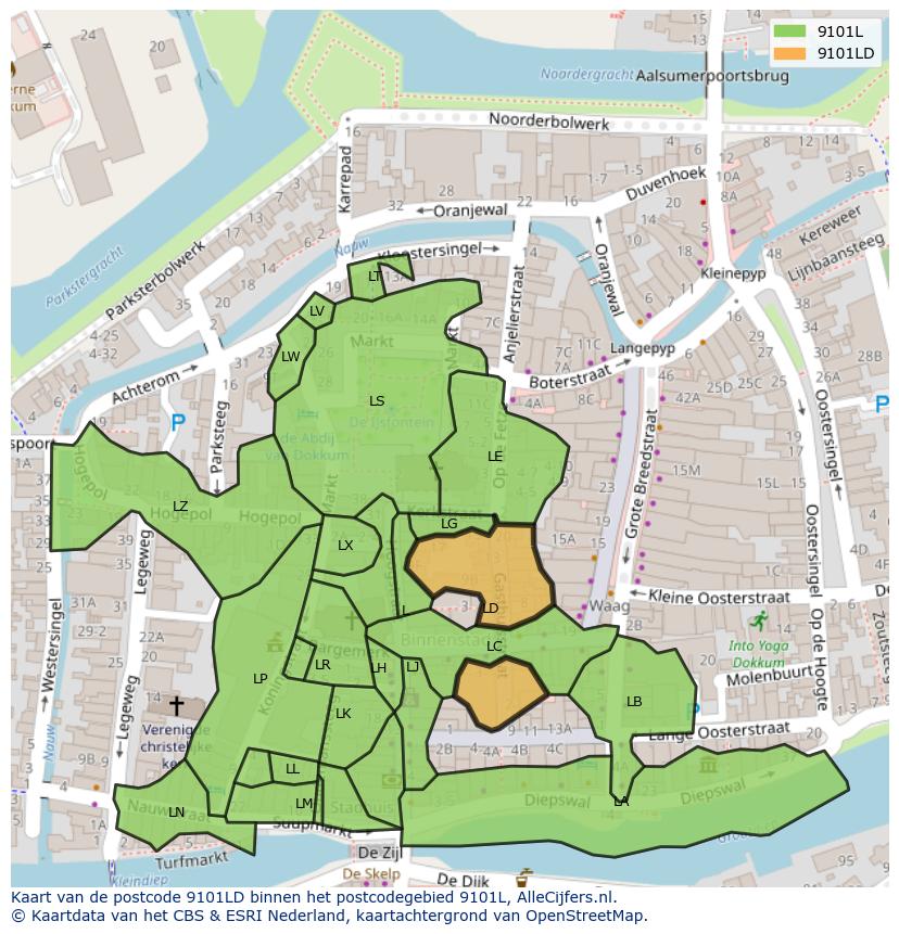 Afbeelding van het postcodegebied 9101 LD op de kaart.