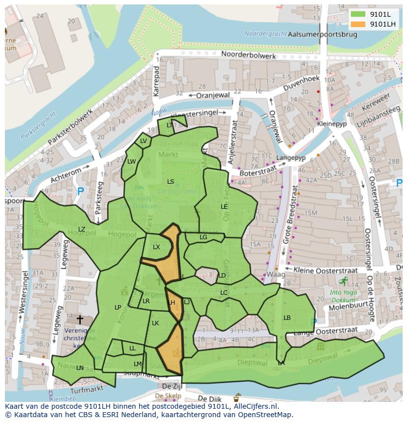 Afbeelding van het postcodegebied 9101 LH op de kaart.