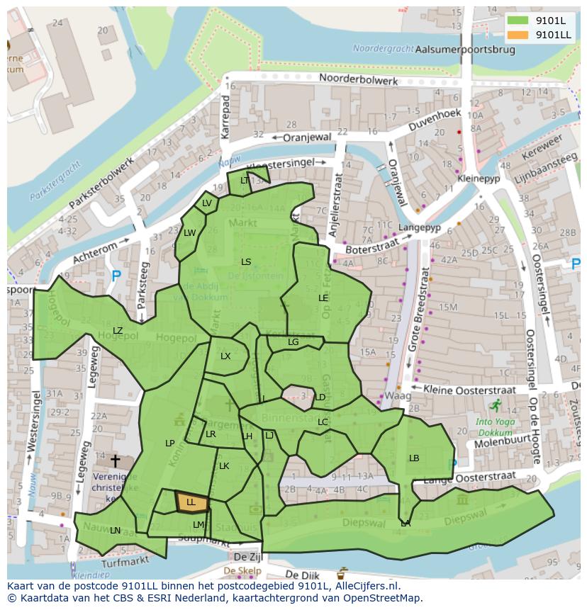 Afbeelding van het postcodegebied 9101 LL op de kaart.