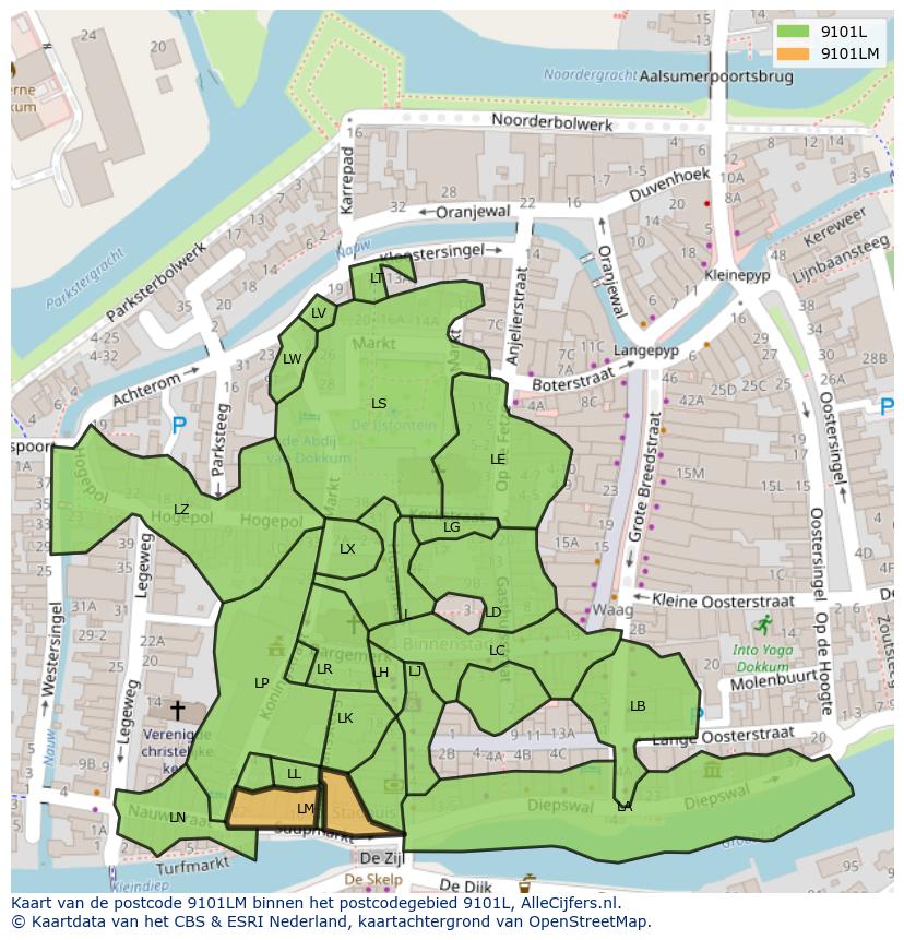 Afbeelding van het postcodegebied 9101 LM op de kaart.