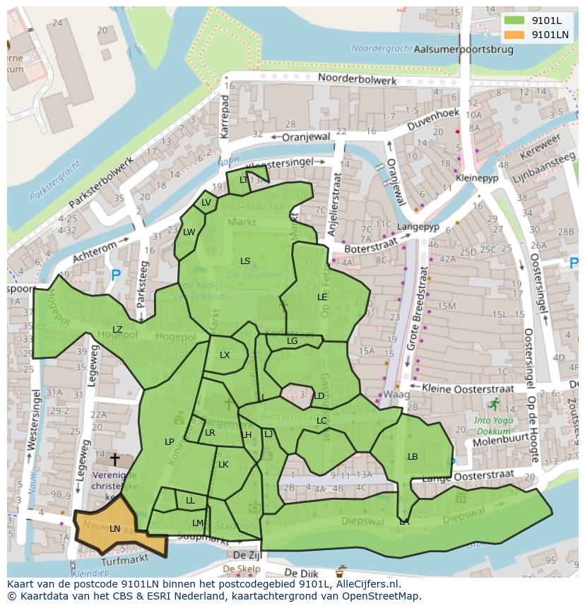 Afbeelding van het postcodegebied 9101 LN op de kaart.