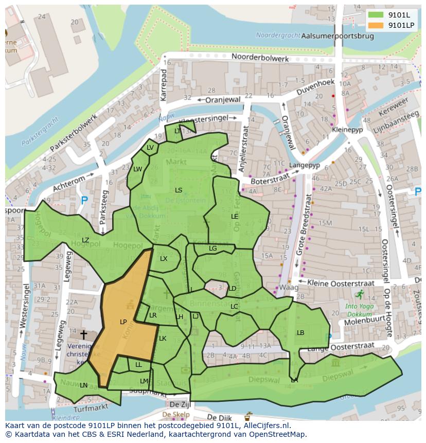 Afbeelding van het postcodegebied 9101 LP op de kaart.