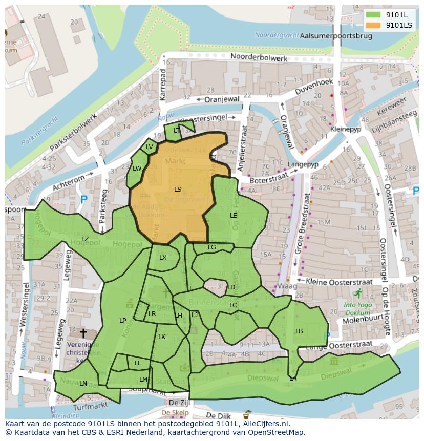 Afbeelding van het postcodegebied 9101 LS op de kaart.