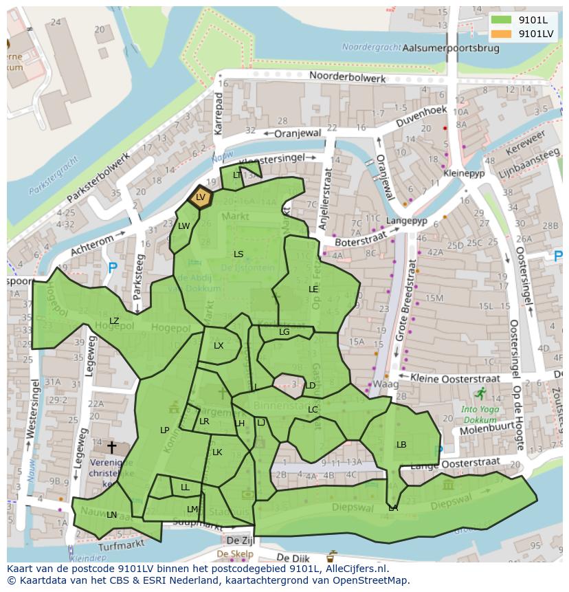 Afbeelding van het postcodegebied 9101 LV op de kaart.