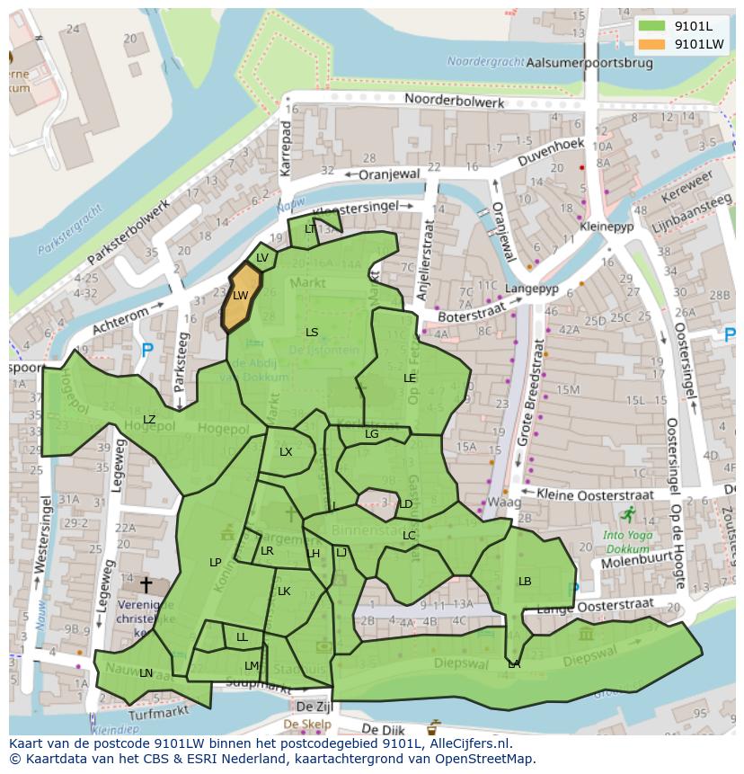 Afbeelding van het postcodegebied 9101 LW op de kaart.