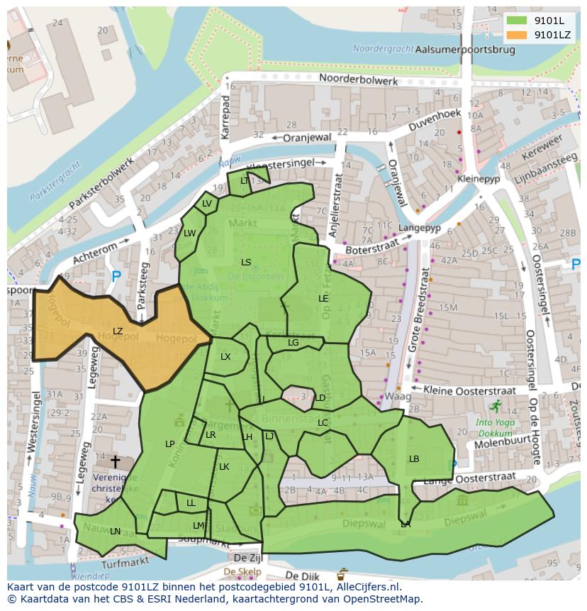 Afbeelding van het postcodegebied 9101 LZ op de kaart.