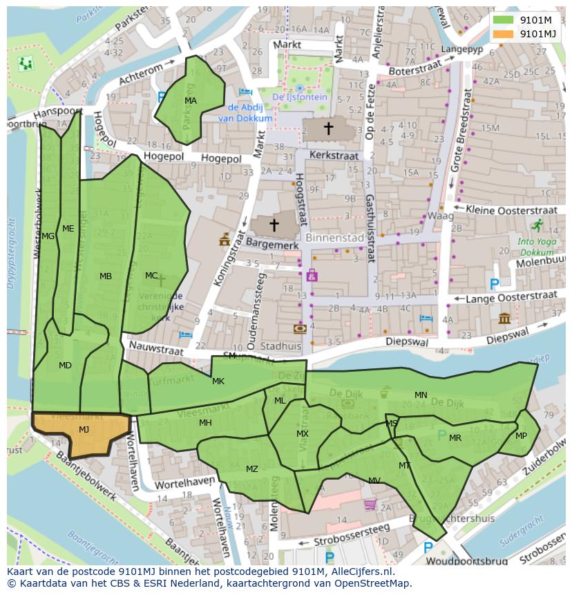 Afbeelding van het postcodegebied 9101 MJ op de kaart.