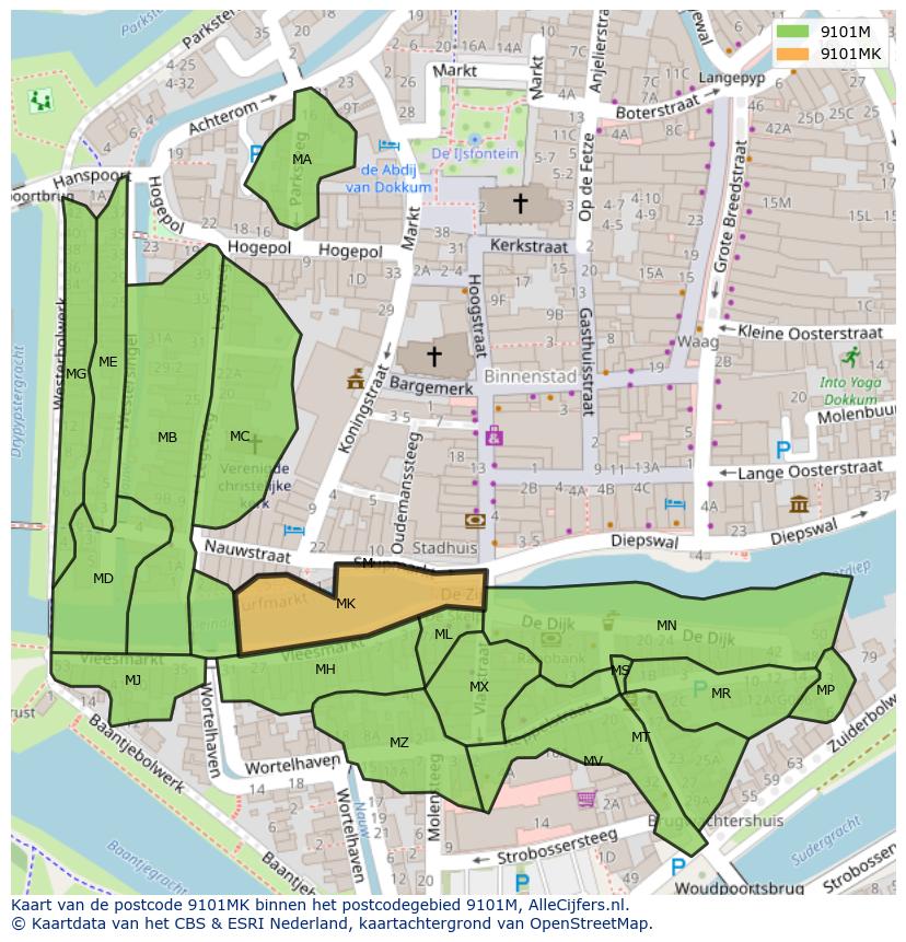 Afbeelding van het postcodegebied 9101 MK op de kaart.
