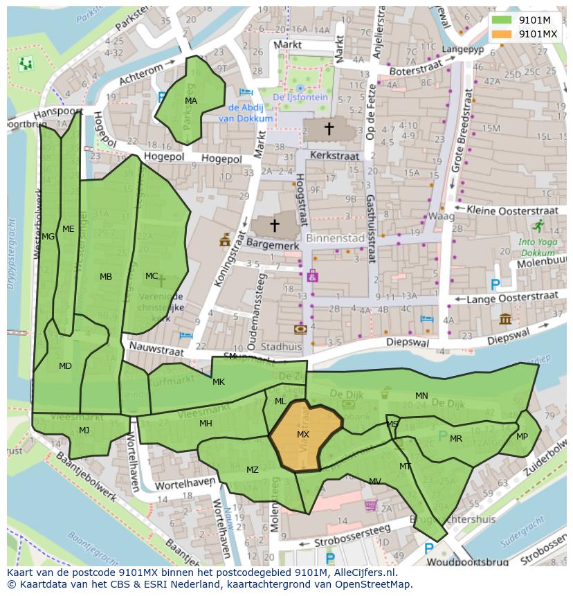 Afbeelding van het postcodegebied 9101 MX op de kaart.