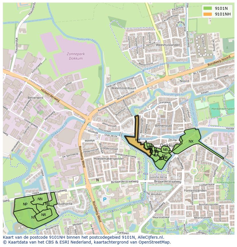 Afbeelding van het postcodegebied 9101 NH op de kaart.
