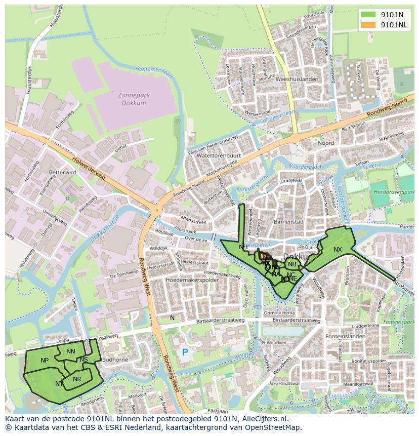 Afbeelding van het postcodegebied 9101 NL op de kaart.