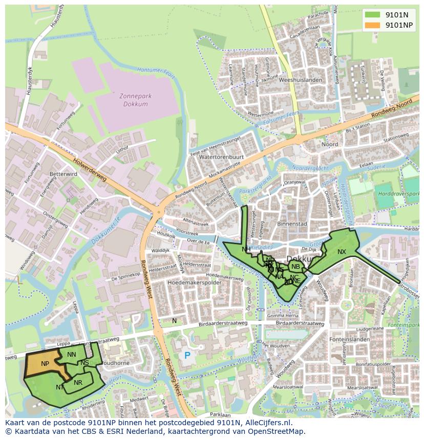 Afbeelding van het postcodegebied 9101 NP op de kaart.