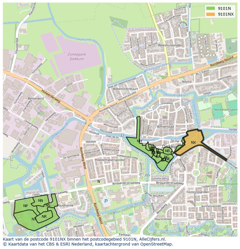 Afbeelding van het postcodegebied 9101 NX op de kaart.