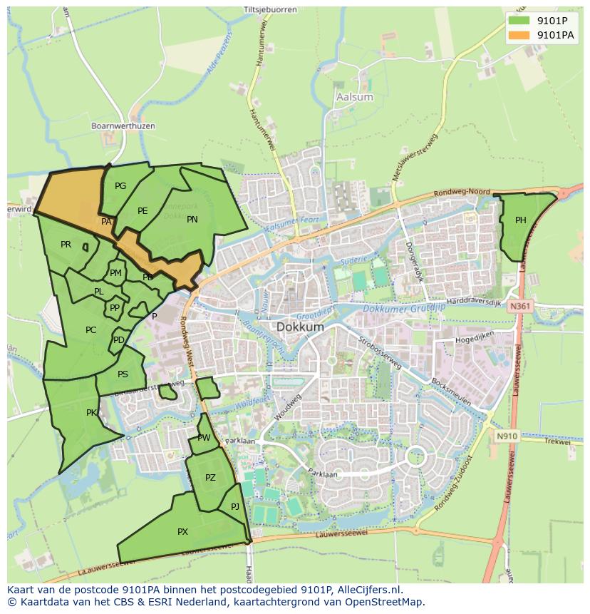 Afbeelding van het postcodegebied 9101 PA op de kaart.