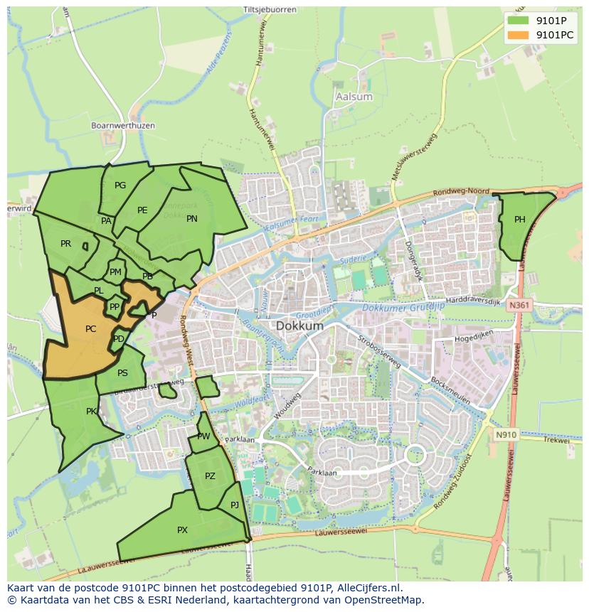 Afbeelding van het postcodegebied 9101 PC op de kaart.