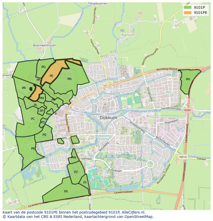 Afbeelding van het postcodegebied 9101 PE op de kaart.