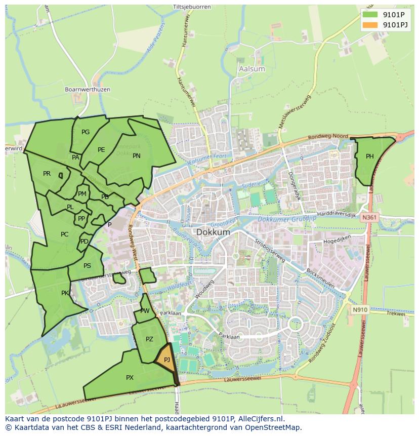 Afbeelding van het postcodegebied 9101 PJ op de kaart.