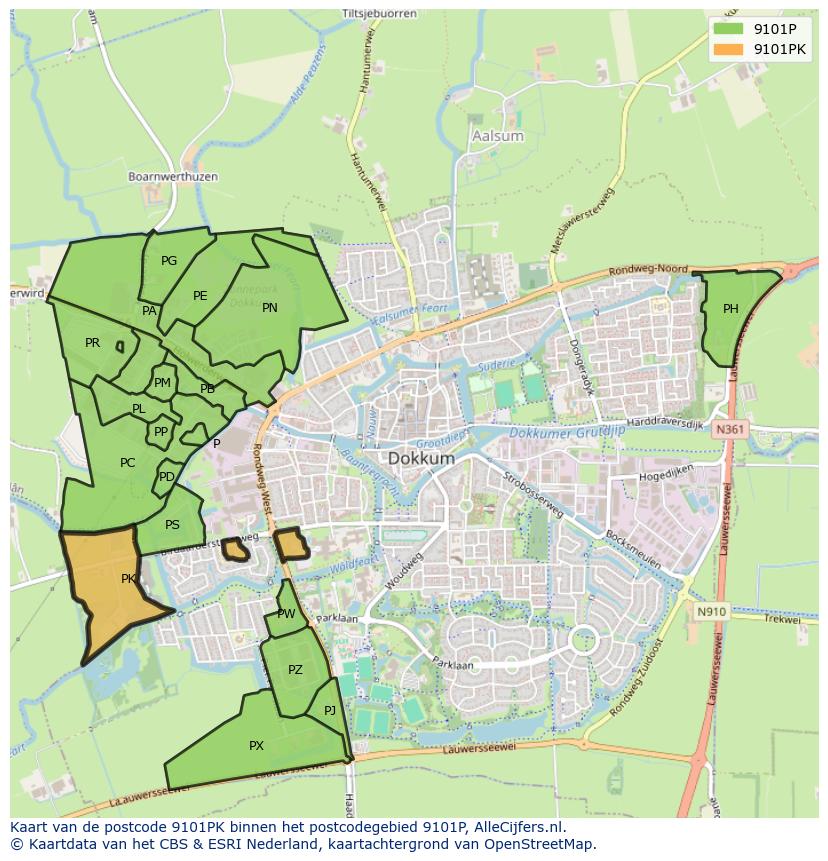 Afbeelding van het postcodegebied 9101 PK op de kaart.