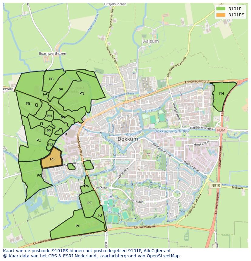 Afbeelding van het postcodegebied 9101 PS op de kaart.
