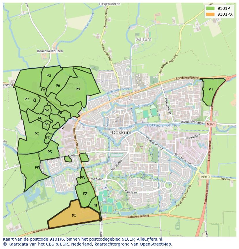 Afbeelding van het postcodegebied 9101 PX op de kaart.