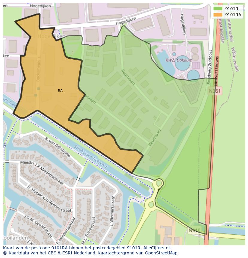 Afbeelding van het postcodegebied 9101 RA op de kaart.