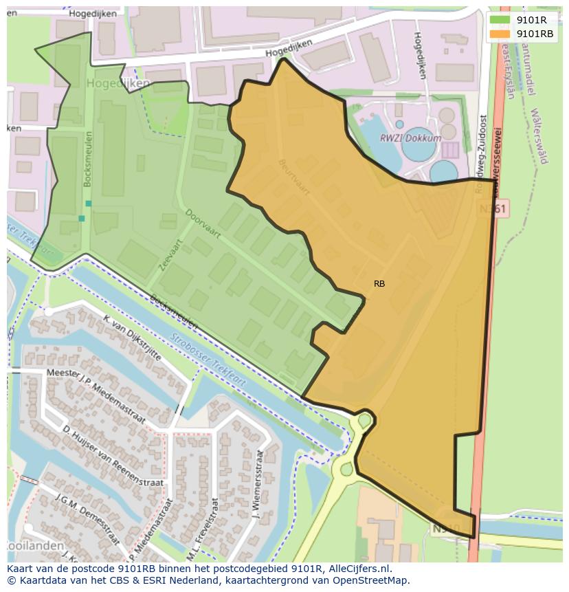 Afbeelding van het postcodegebied 9101 RB op de kaart.