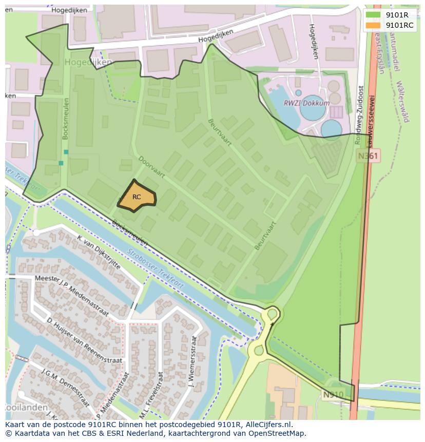 Afbeelding van het postcodegebied 9101 RC op de kaart.