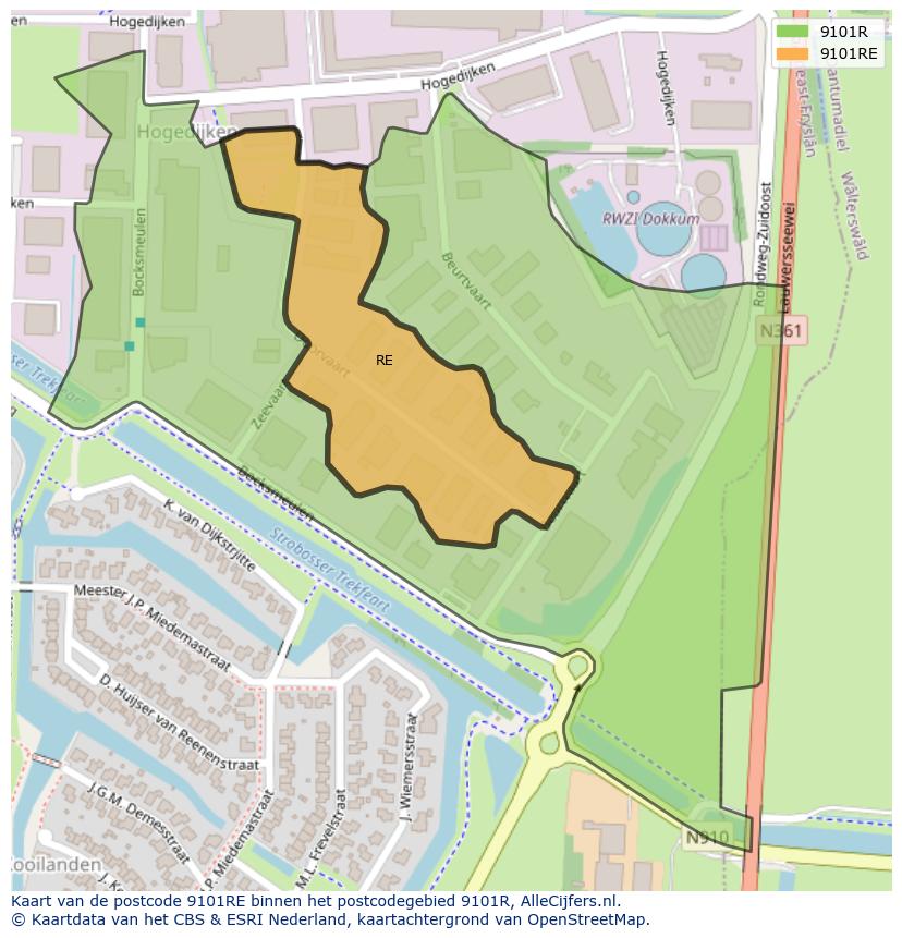 Afbeelding van het postcodegebied 9101 RE op de kaart.
