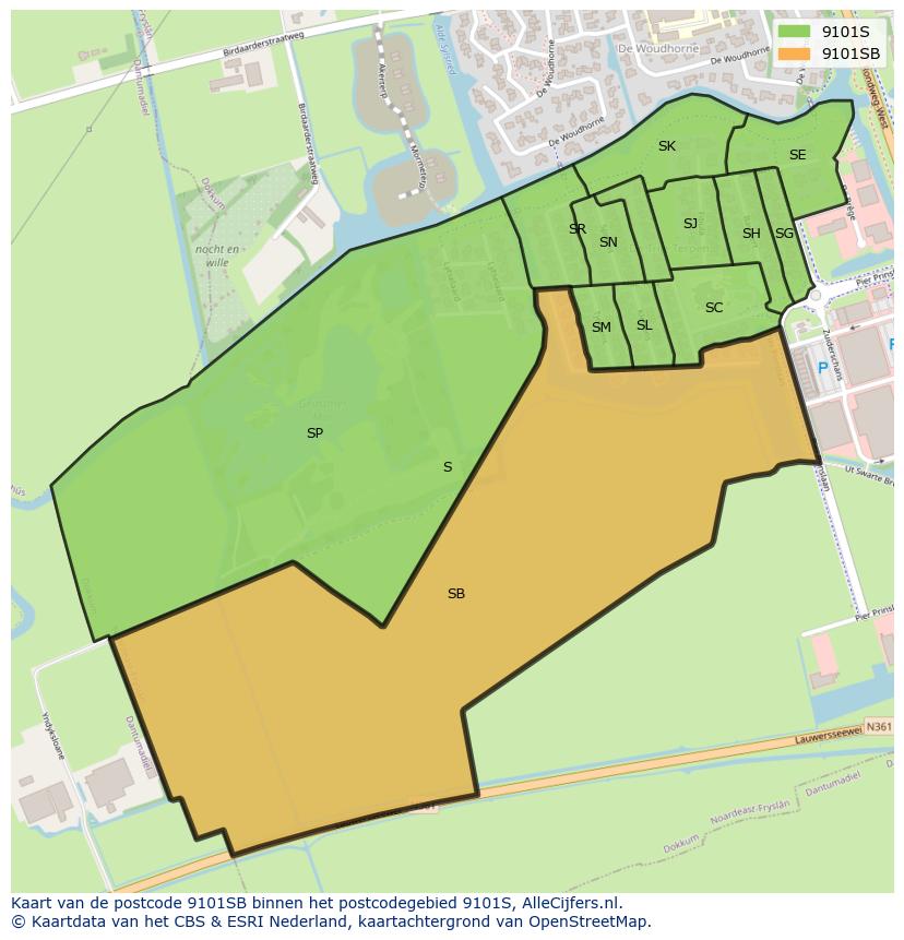 Afbeelding van het postcodegebied 9101 SB op de kaart.