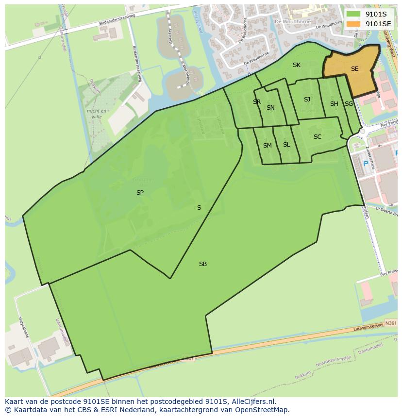 Afbeelding van het postcodegebied 9101 SE op de kaart.