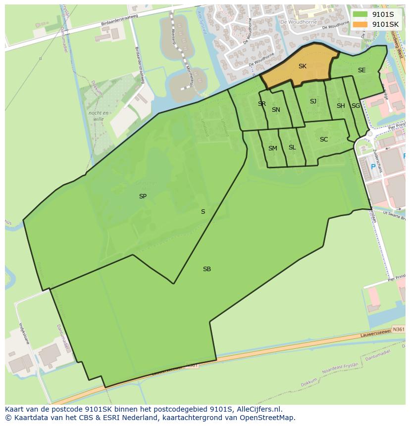 Afbeelding van het postcodegebied 9101 SK op de kaart.