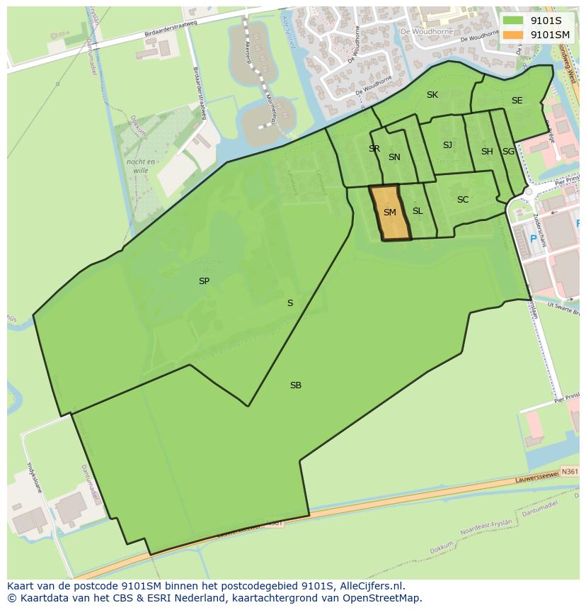 Afbeelding van het postcodegebied 9101 SM op de kaart.