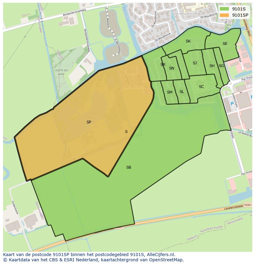 Afbeelding van het postcodegebied 9101 SP op de kaart.