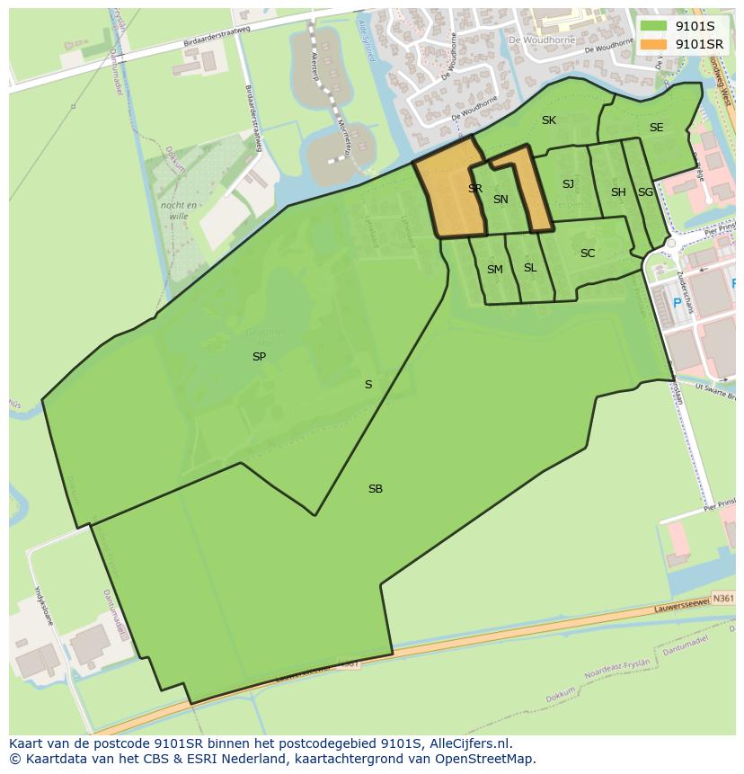Afbeelding van het postcodegebied 9101 SR op de kaart.