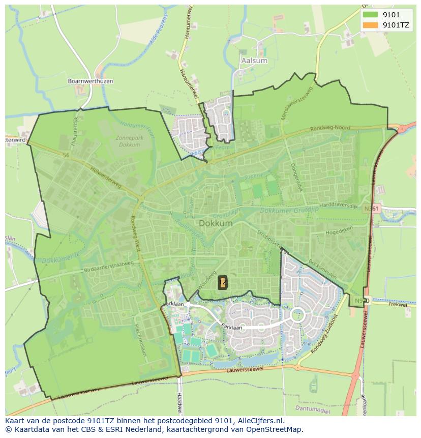 Afbeelding van het postcodegebied 9101 TZ op de kaart.