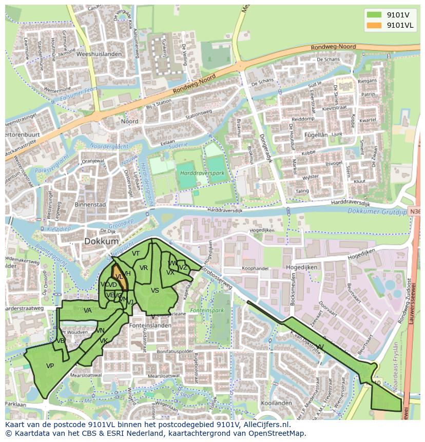 Afbeelding van het postcodegebied 9101 VL op de kaart.